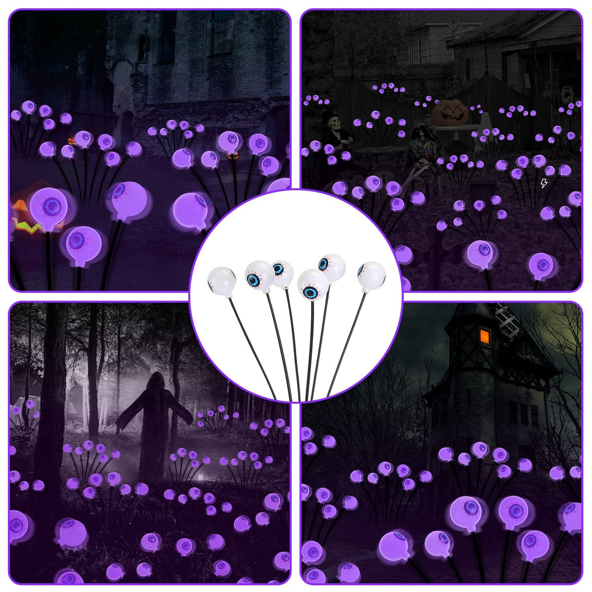 2Pcs Purple Light OR 2Pcs Green Light Solar Scary Eyeballs Lights Outdoor Halloween Decoration Swaying Light Halloween Path Lights Ornaments With Total 12LED IP65 Waterproof For Yard Garden - CJDS - FC