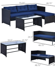 3 Piece Patio Furniture Set, Rattan Outdoor Sofa Set With Chaise Lounge & Loveseat, Soft Cushions, Tempered Glass Table, L-Shaped Sectional Couch, Blue