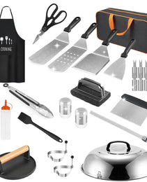 31Pcs Griddle Accessories Kit Flat Top Grill Accessories For Camp Chef With Spatulas Griddle Press Basting Cover Spice Shakers Vegetable Forks Steel Sticks Egg Rings Storage Bag