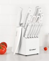 15 Pieces Of White Carbon Steel Blade Kitchen Knife Set, Equipped With A Genuine Wooden Frame, Internal Sharpener, And Kitchen Scissors