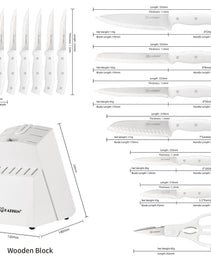 15 Pieces Of White Carbon Steel Blade Kitchen Knife Set, Equipped With A Genuine Wooden Frame, Internal Sharpener, And Kitchen Scissors
