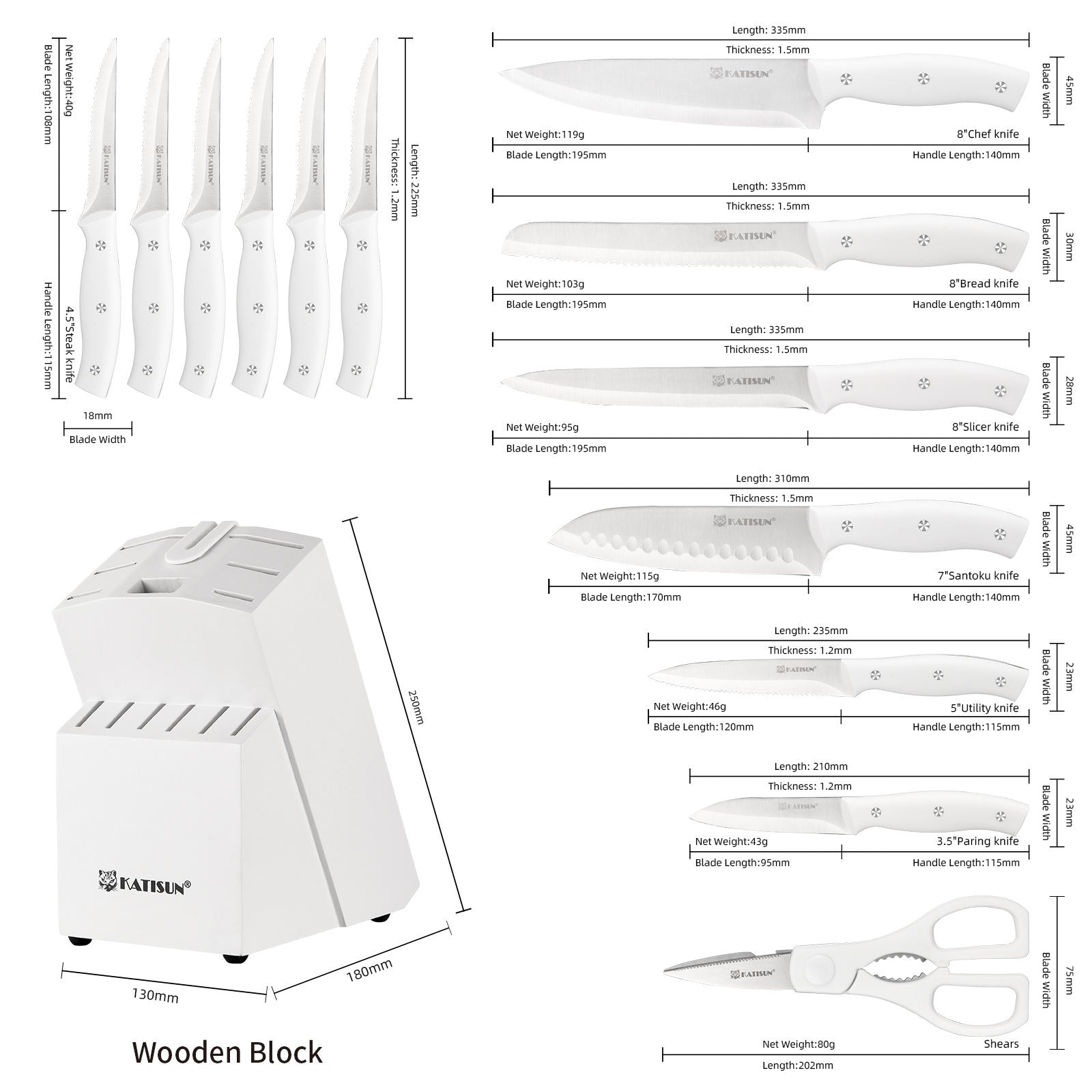 15 Pieces Of White Carbon Steel Blade Kitchen Knife Set, Equipped With A Genuine Wooden Frame, Internal Sharpener, And Kitchen Scissors