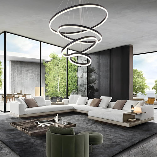 4 Ring Modern Black Chandelier, Circles Pendant Light Fixture for High Ceiling, Led Acrylic Chandelier, Dimmable 78.74'' High Ceiling Light with Remote for Dining Room Staircase Foyer