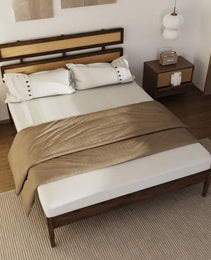 Double Rattan Woven Headboard, Bohemian Style, Painted Finish, Pine Wood, Dark Walnut Color, Queen Size Wooden Bed