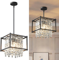 Modern Foyer Chandelier, Gold Crystal Chandelier Entryway Pendant Light Fixture, Square Adjustable Height Chandeliers for Kitchen Island, L15.74'' X H9.84''