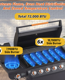 6 Burner BBQ Propane Gas Grill With Side Burner 72000 BTU Output Stainless Steel Barbecue Grill With Cast Iron Grates And Side Tables For Outdoor Cooking Kitchen And Patio Backyard.