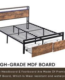 Queen Size Bed Frame With Storage Headboard And 2 Drawers, LED Lights Bed With Charging Station