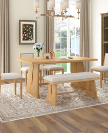 TREXM 6-Piece Rustic Farmhouse Dining Table Set With Wire Brushed Design, Rectangular Dining Table With Trapezoid Legs, 4 Upholstered Linen Chairs & 1 Padded Bench For Dining Room & Kitchen Natural
