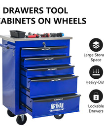 5 Drawers Multifunctional Tool Cart With Wheels,Metal Rolling Tool Cart Storage For Garage Workshop Warehouse Repair Shop--With Stainless Steel Roof- BLACK&BLUE