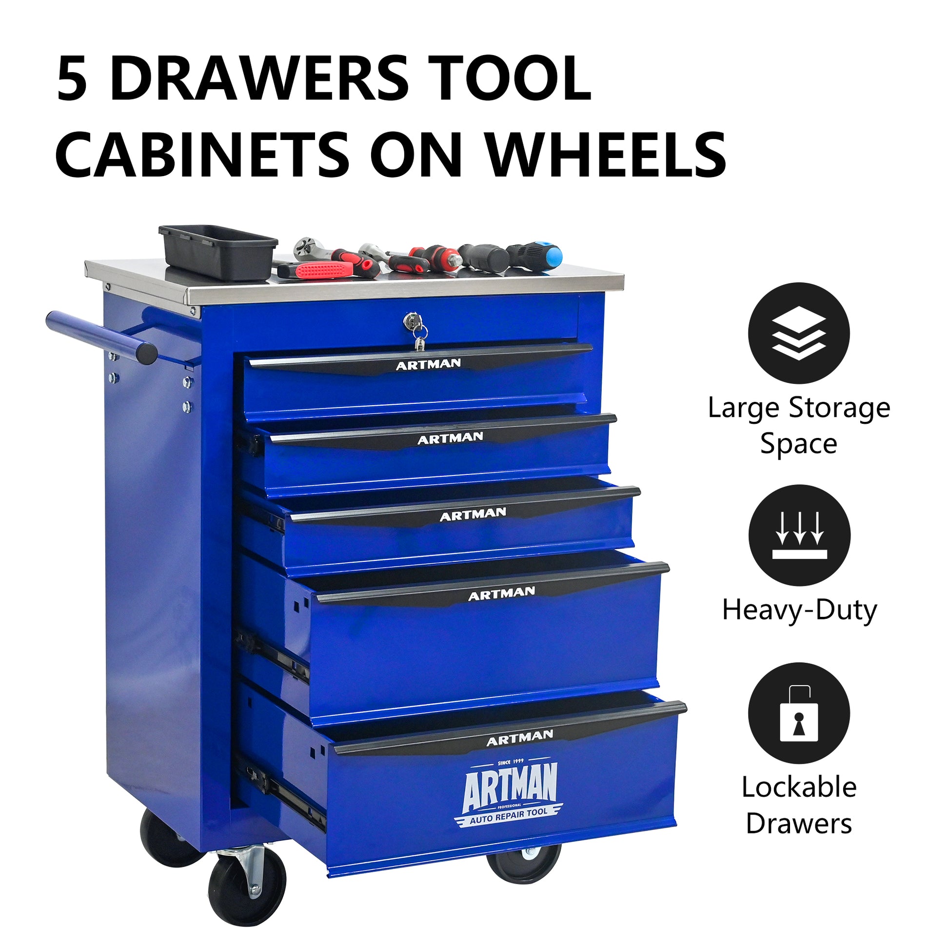 5 Drawers Multifunctional Tool Cart With Wheels,Metal Rolling Tool Cart Storage For Garage Workshop Warehouse Repair Shop--With Stainless Steel Roof- BLACK&BLUE