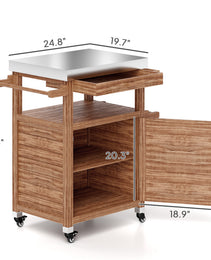 Outdoor Grill Cart with Stainless Steel Top, Solid Wood Outdoor Kitchen Island with Wheels, Drawer, Side Handle, Brown