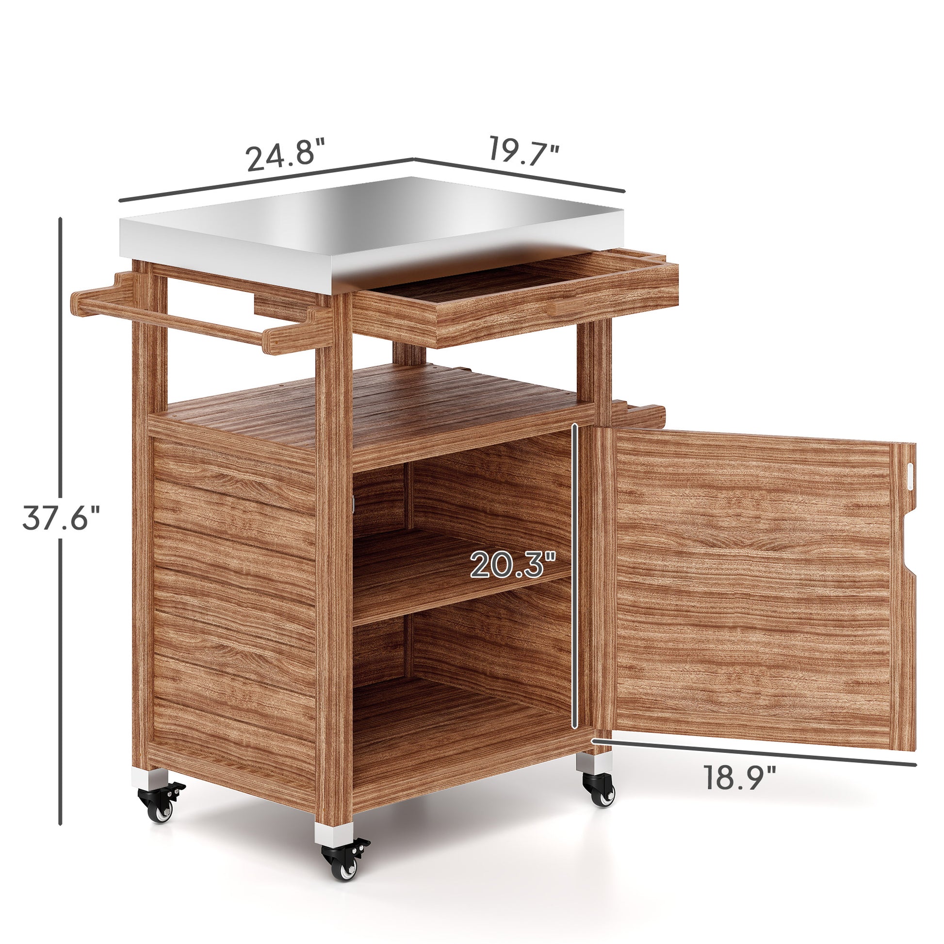 Outdoor Grill Cart with Stainless Steel Top, Solid Wood Outdoor Kitchen Island with Wheels, Drawer, Side Handle, Brown