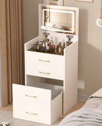 3 In 1 Vanity Desk With Open Top Mirror,Small Make Up Vanity Set With Visible Glass Desktop,Compact Makeup Vanity With 3 Drawers,Dressing Table For Bedroom - CJDS