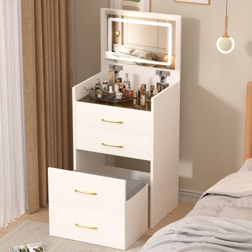3 In 1 Vanity Desk With Open Top Mirror,Small Make Up Vanity Set With Visible Glass Desktop,Compact Makeup Vanity With 3 Drawers,Dressing Table For Bedroom - CJDS