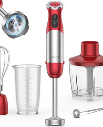 KOIOS 5-in-1 Hand Immersion Blender, 1000W 12 Speed Handheld Blender, Copper Motor Stainless Steel Blade Stick Blender,600ml Mixing Beaker,500ml Food Processor, Whisk, Milk Frother, BPA-Free, Red