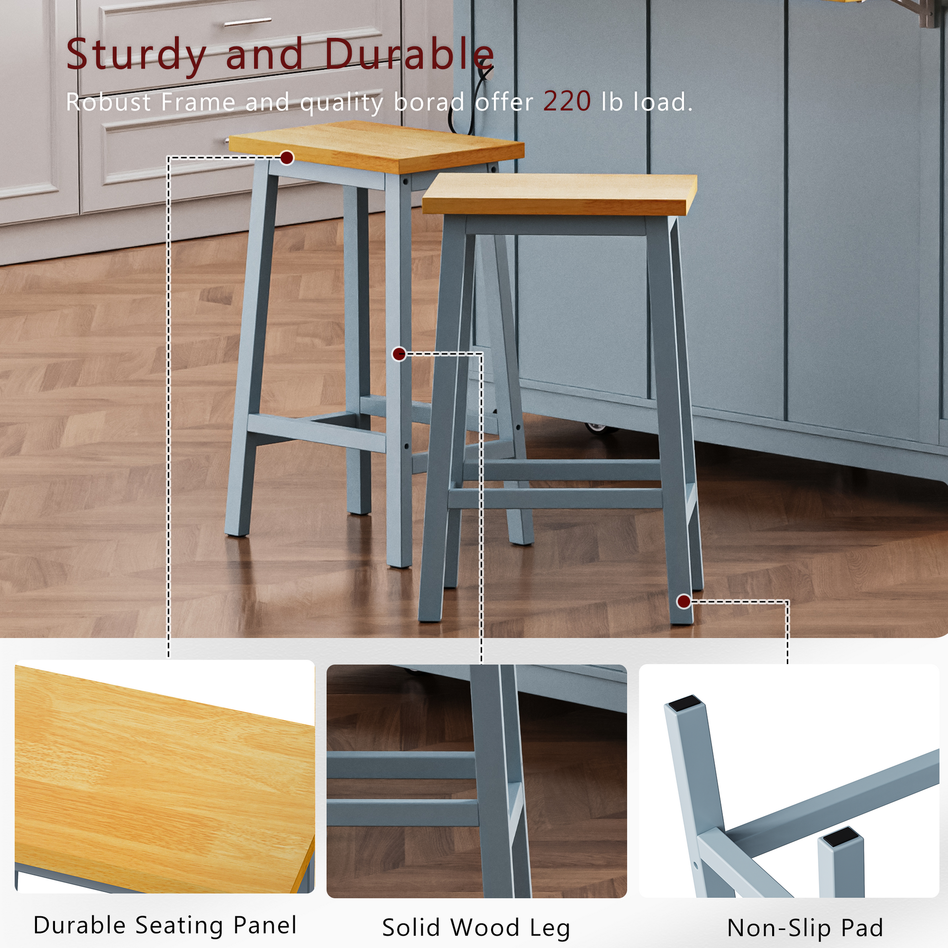 K&K Solid Wood Bar Stools  Not Cheap Iron , 25.6  Tall Set Of 2 Bar Chairs, Kitchen Counter Stools With Footrests, Farmhouse Stools For Dining Room, Kitchen, Counter, Grey Blue