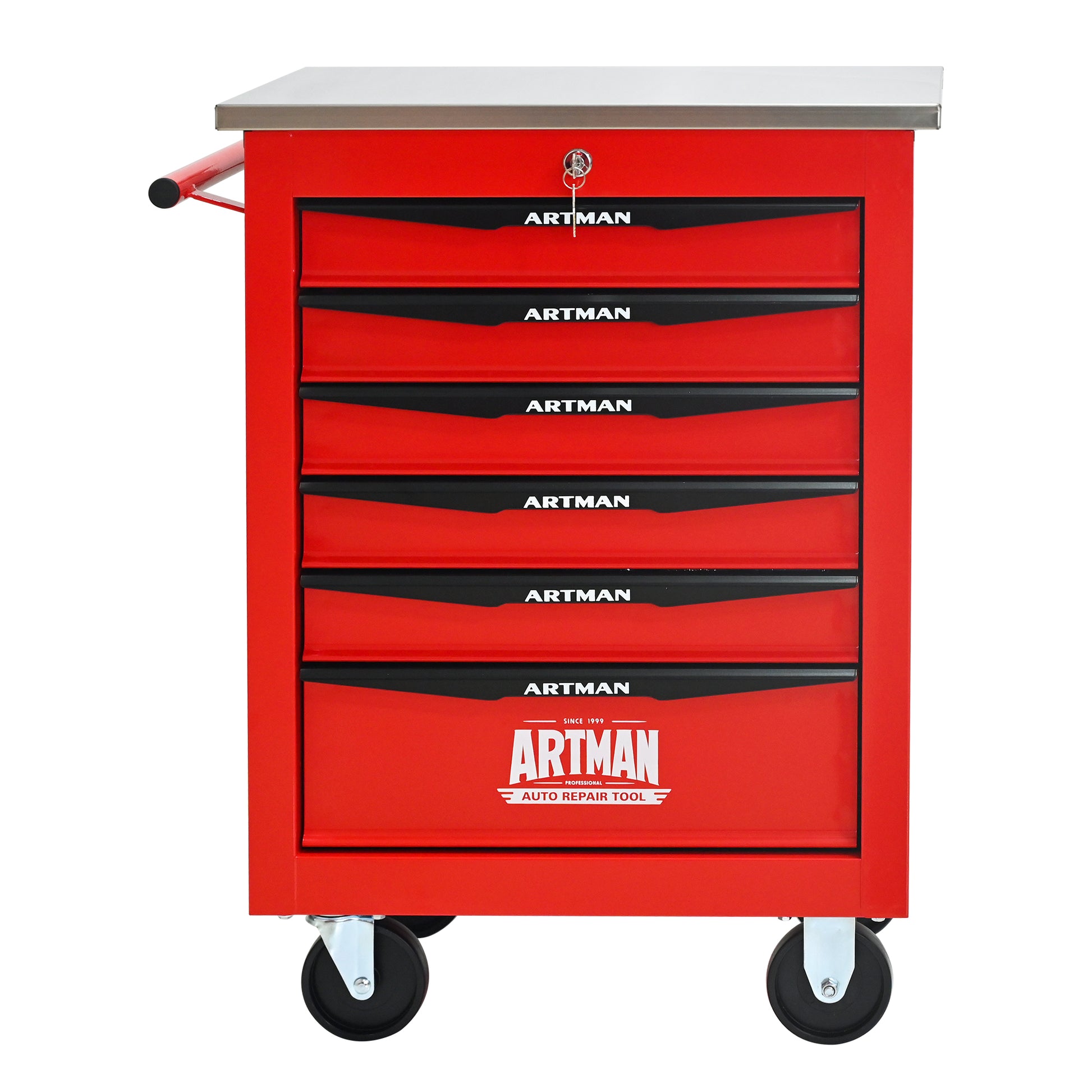 6 Drawers Multifunctional Tool Cart With Wheels,Metal Rolling Tool Cart Storage For Garage Workshop Warehouse Repair Shop--With Stainless Steel Roof- Red&Black