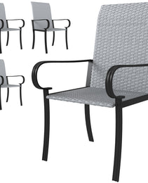 Set of 4 Outdoor Wicker Dining Chairs with Armrest, Steel Frame, High Back and Deep Seating, Gray