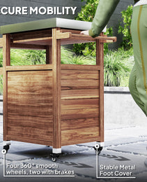 Outdoor Grill Cart with Stainless Steel Top, Solid Wood Outdoor Kitchen Island with Wheels, Drawer, Side Handle, Brown