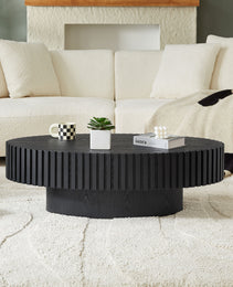 Modern Handcraft Drum Coffee Table Length 43.7 Inch Ellipse Coffee Table For Living Room,Oval Small Coffee Table With Sturdy Pedestal,Black MDF
