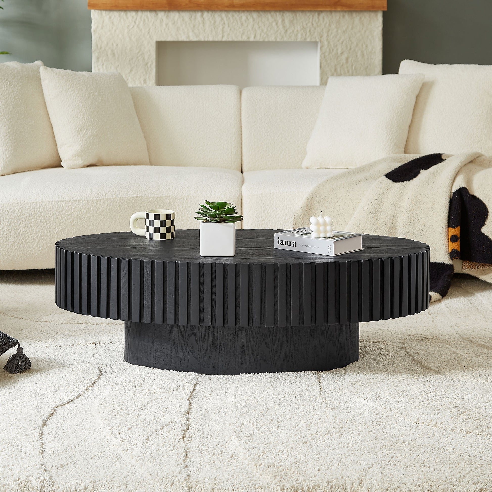 Modern Handcraft Drum Coffee Table Length 43.7 Inch Ellipse Coffee Table For Living Room,Oval Small Coffee Table With Sturdy Pedestal,Black MDF