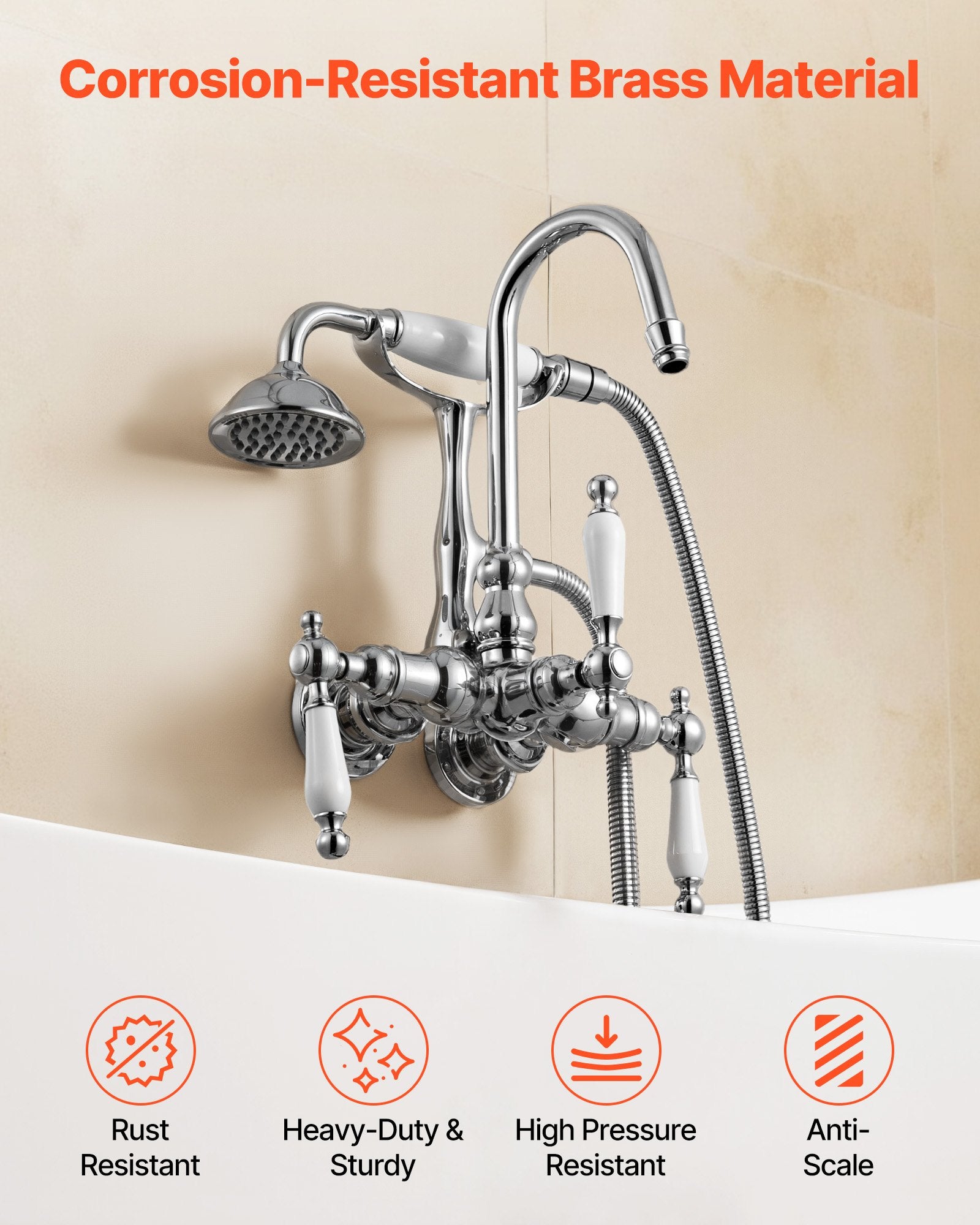 Clawfoot Tub Faucet, Wall-Mounted Bathtub Faucets With Handheld Shower, Polished Chrome Clawfoot Tub Filler Faucet Shower Kit With 59" Long Hose & Gooseneck Spout, Modern & Vintage For Bathtubs