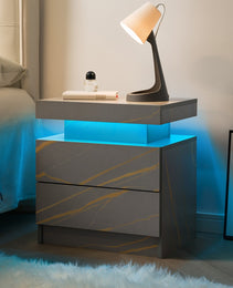 Nightstand LED Bedside Table Cabinet Lights Modern End Side With 2 Drawers For Bedroom Grey Gold