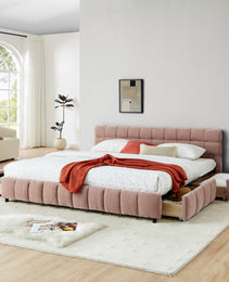 King Size Upholstered Bed ,comfortable Upholstered Bed Frame, Chenille Fabric, With Headboard And Solid Bed Frame. With Drawer For Storage.-Pink 88.5x85.5x31