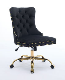 A&A Furniture Office Chair,Modern Velvet Upholstered Tufted Button Home Office Chair With Golden Metal Base,Adjustable Desk Chair Swivel Office Chair Black