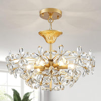 Flower Crystal Chandelier for Dining Room, Living Room, Kitchen, Bedroom, 6-Light Floral Light Fixture, D18*H16~41Inch (Adjustable Height), K9 Crystal & Gold Finish