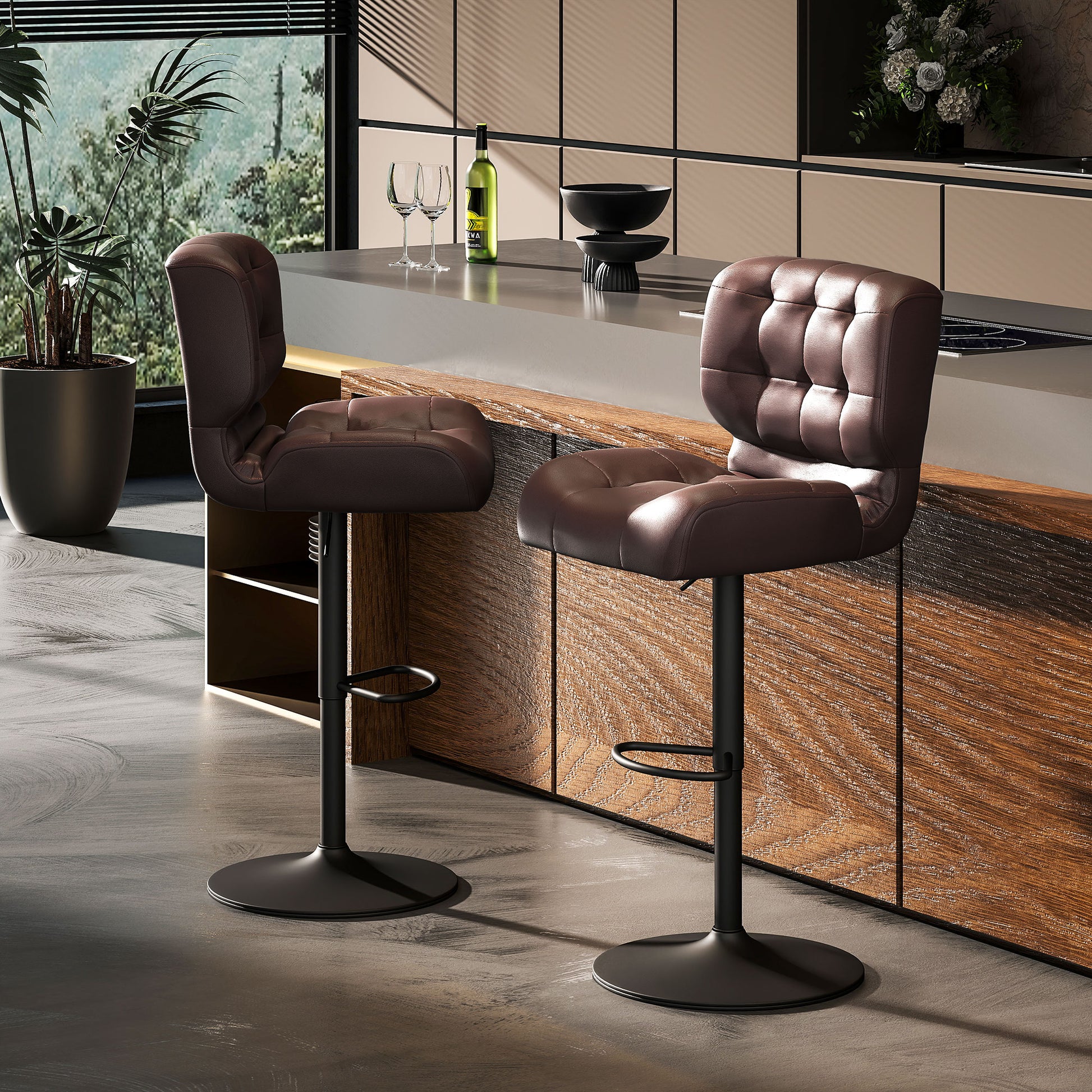 Bar Height Bar Stools Set of 2 with Adjustable Seat, Adjustable Swivel Barstools with Thick Padded Cushion and Metal Footrest for Home Bar, Brown