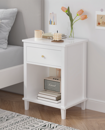 26.77H Wooden Nightstand With One Drawer One Shelf For Kids, Adults, White-Golden Handle