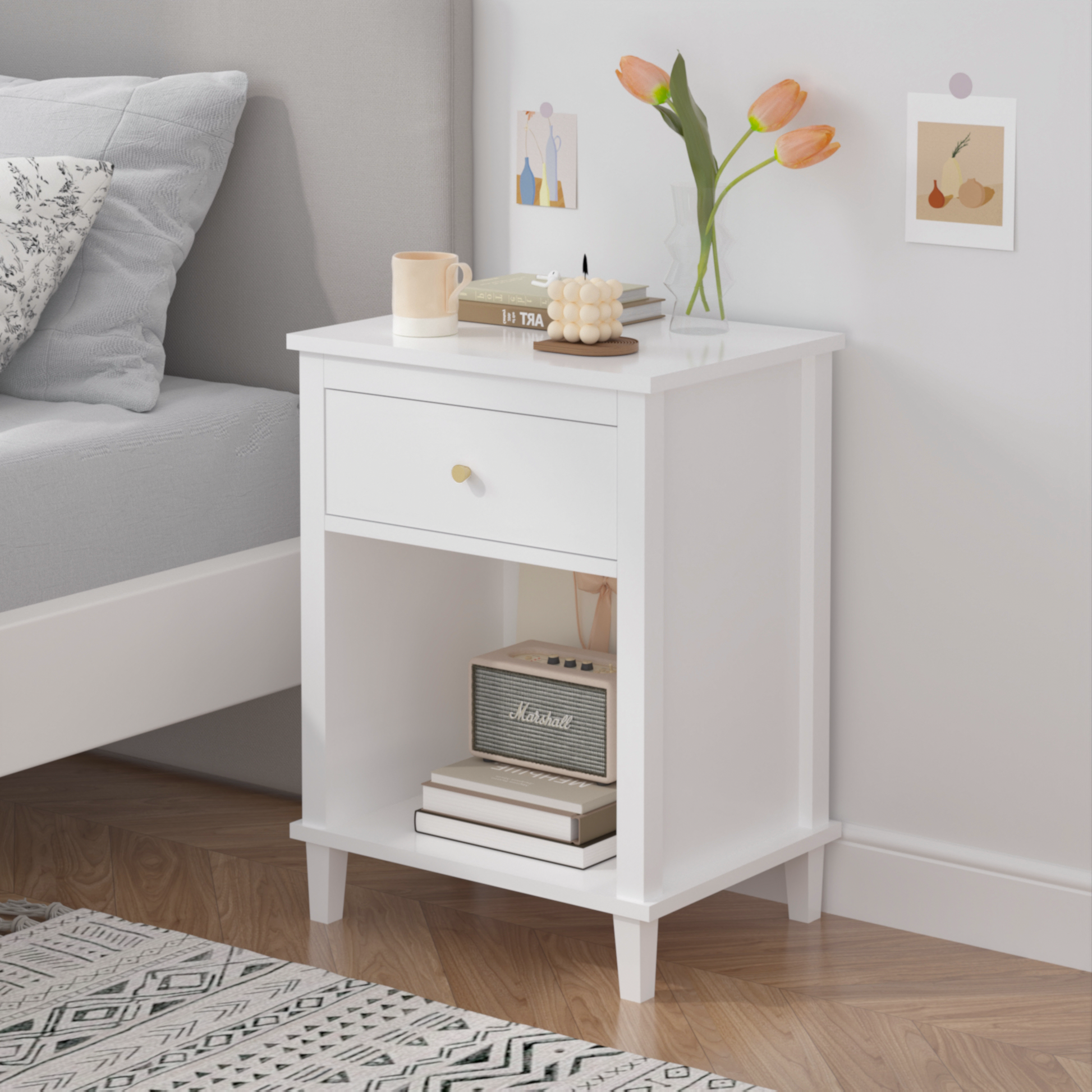 26.77H Wooden Nightstand With One Drawer One Shelf For Kids, Adults, White-Golden Handle