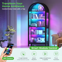 Arched Glass Display Cabinet for Living Room, Tempered Glass Metal, Black, RGB LED Lighting Adjustable Shelves