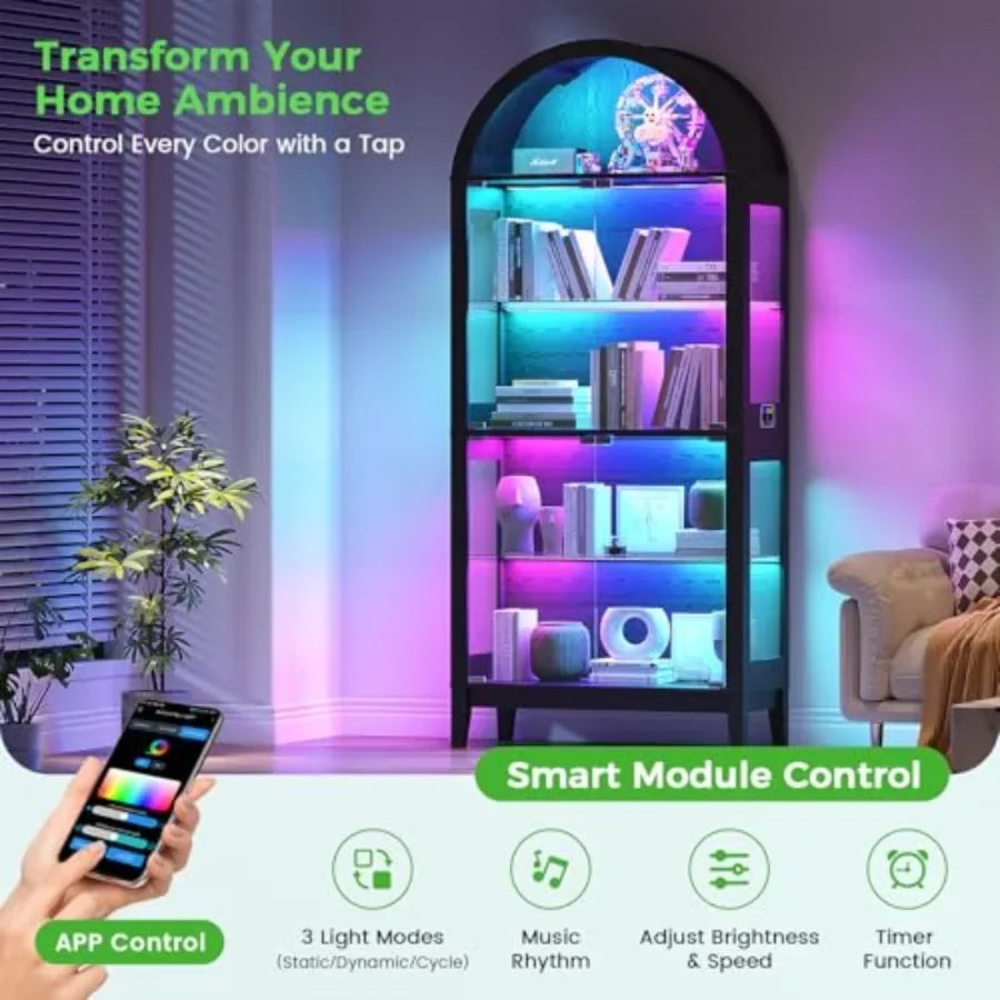 Arched Glass Display Cabinet for Living Room, Tempered Glass Metal, Black, RGB LED Lighting Adjustable Shelves