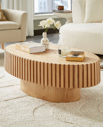 Modern Handcraft Drum Coffee Table Length 43.7 Inch Ellipse Coffee Table For Living Room,Oval Small Coffee Table With Sturdy Pedestal,Natural Ash MDF