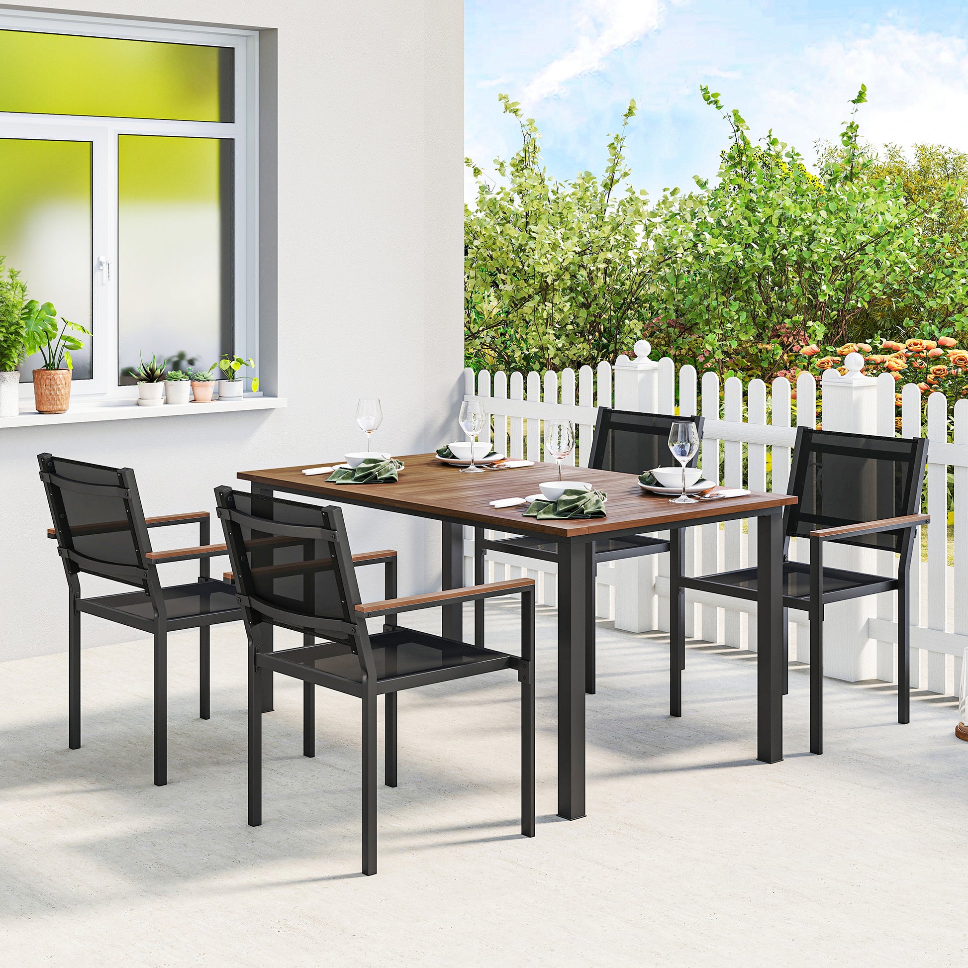 Outdoor Dining Set for 4, Patio Table and Chairs Set with 59" Rectangle Acacia Wood Table and 352 LBS Stackable Chairs