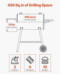 Wood Pellet Grill Smoker Outdoor Electric BBQ Grills 456 Sq.in Cook Area
