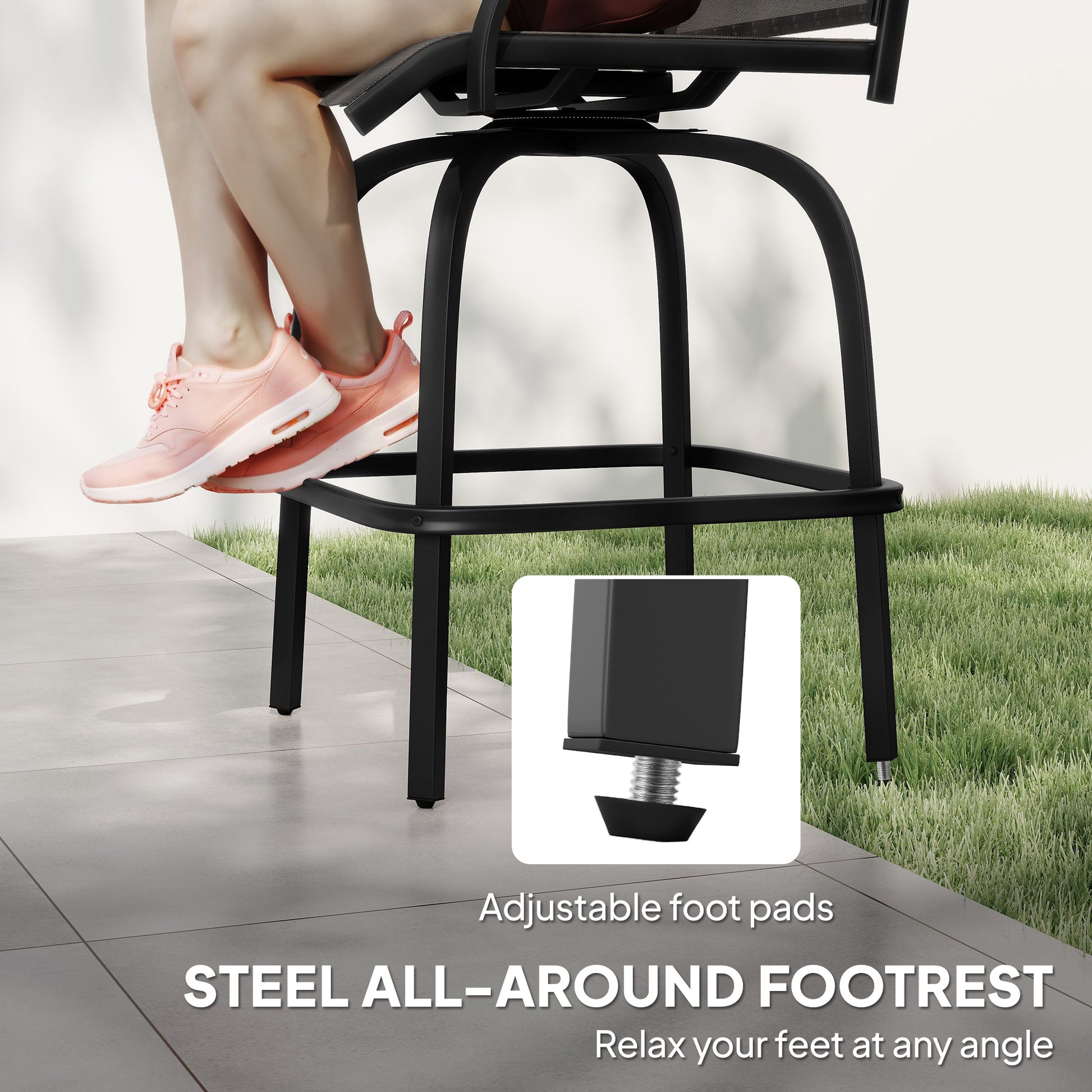 Set of 2 Outdoor Swivel Bar Stools with Armrests, Bar Height Patio Chairs with Steel Frame for Balcony, Poolside, Backyard, Black