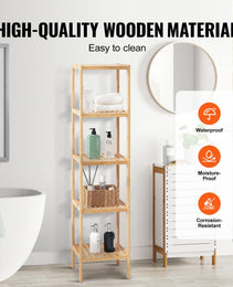5-Tier Bathroom Standing Shelf, Narrow Shelving Unit, Display Storage Rack Organizer, Freestanding Flower Plant Stand, Multifunctional Bamboo Shelf Ideal For BathRoom, Kitchen, Home, Natural