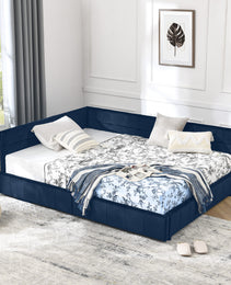 Full Size Storage Upholstered Tufted Bed Frame, Sofa Bed Frame With Comfortable Backrest And Armrests, Full Size Bed For Bedroom, Living Room,Velvet, DARK BLUE 80.5x59x29.5