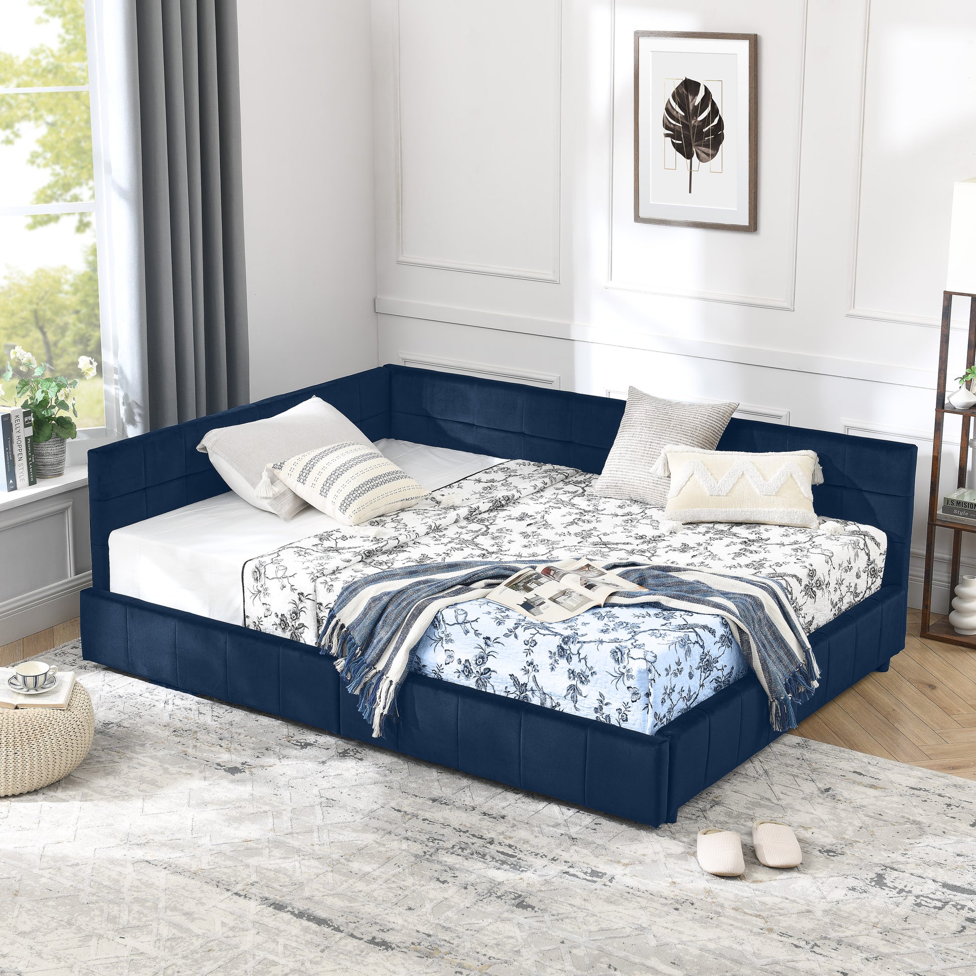 Full Size Storage Upholstered Tufted Bed Frame, Sofa Bed Frame With Comfortable Backrest And Armrests, Full Size Bed For Bedroom, Living Room,Velvet, DARK BLUE 80.5x59x29.5
