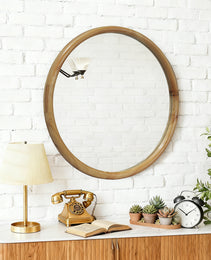 Round Wood Framed Wall Mirror, 27.56  Natural Wooden Circle Mirror For Bathroom, Bedroom, Entryway, Mid-Century Modern Decorative Mirror