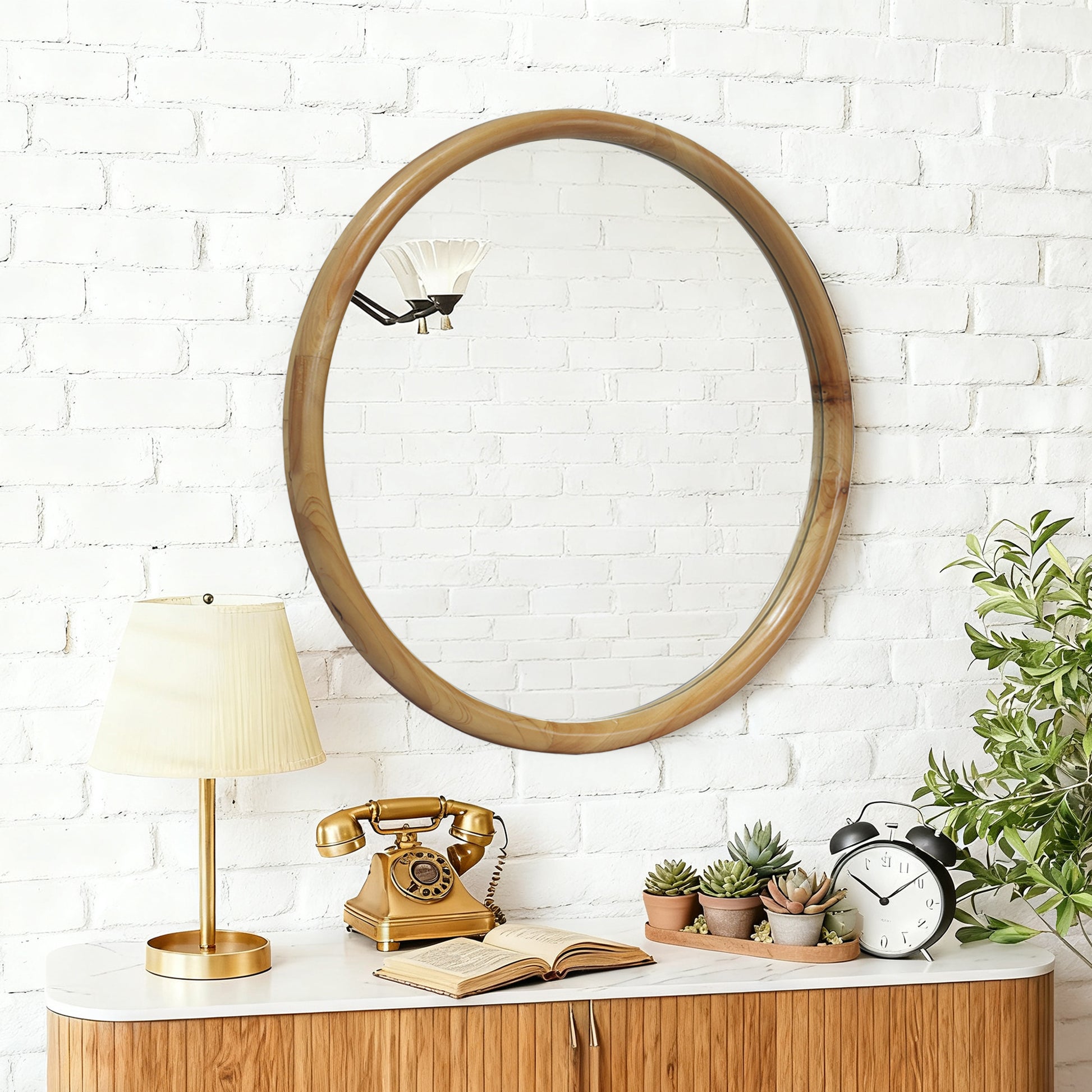 Round Wood Framed Wall Mirror, 27.56  Natural Wooden Circle Mirror For Bathroom, Bedroom, Entryway, Mid-Century Modern Decorative Mirror