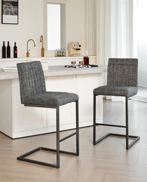 Bar Stool - Speckled Gray Textured Fabric With Vertical Tufted Backrest    Sturdy Black Metal Frame & Footrest For Kitchen Island & Home Bar 2 Sets