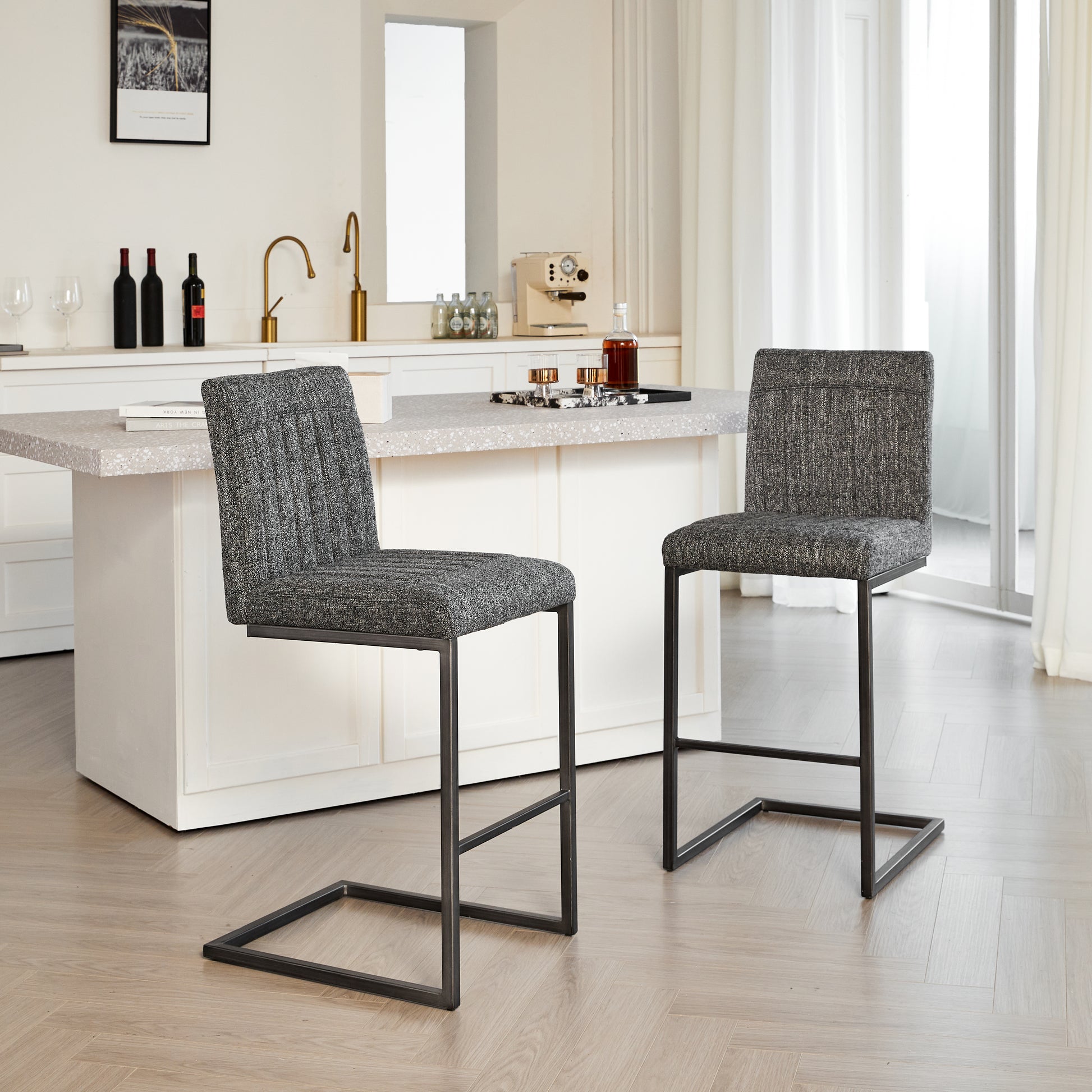 Bar Stool - Speckled Gray Textured Fabric With Vertical Tufted Backrest    Sturdy Black Metal Frame & Footrest For Kitchen Island & Home Bar 2 Sets