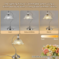 Brushed Nickel Table Lamp with a Floral Clear Glass Shade, a Plug-In Nightstand Lamp in Brushed Nickel Finish for Bedroom, Living Room,Office, and Desk