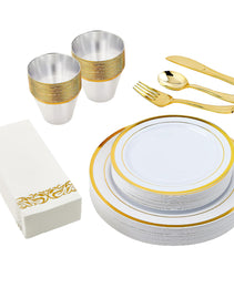 Set Of 175Pcs Disposable Gold Dinnerware Set Gold Rim Plastic Plates Cups Fork Spoon Knife Paper Napkins For Party Wedding Graduation