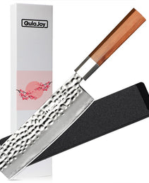 Qulajoy Nakiri Knife 7 Inch - Hammered Japanese Vegetable Knife 9cr18mov Mirror Polishing Hand Forged Blade Kitchen Knife - Olivewood Handle With Sheath