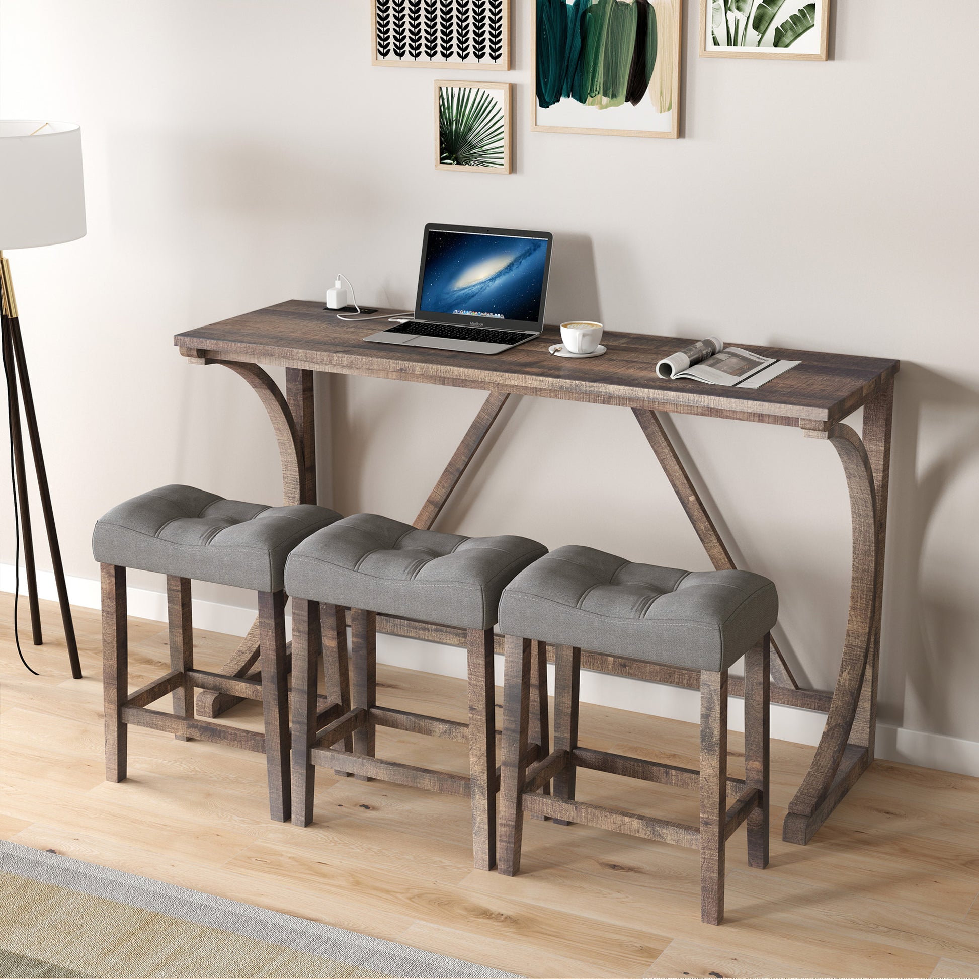 Bar Table Set With Power Outlet, Bar Table And Chairs Set, 4 Piece Dining Table Set, Industrial Breakfast Table Set, For Living Room, Dining Room, Game Room